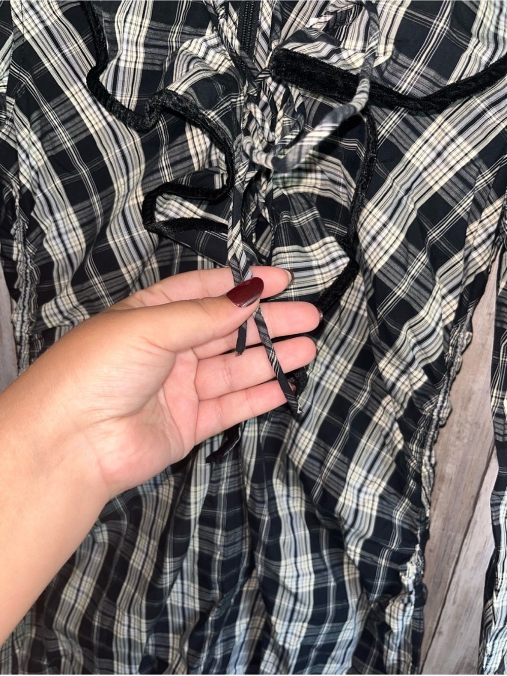 NWT GANNI Black Plaid Ruffle Lace Up Mini Dress Organic Cotton US4 DE36 - Picture 5 of 8